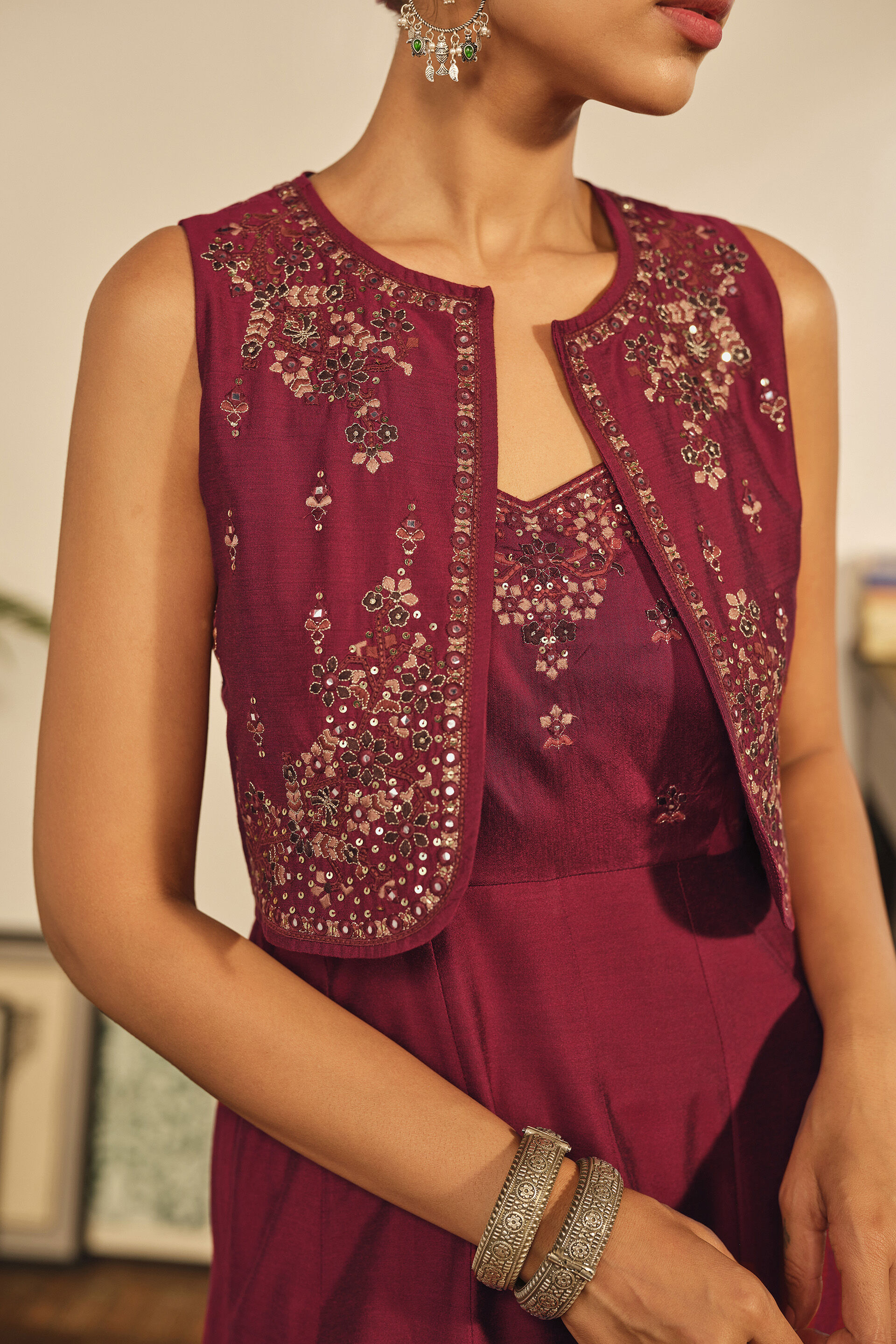 Embroidered Maxi Dress Set in Maroon, Maroon, image 2